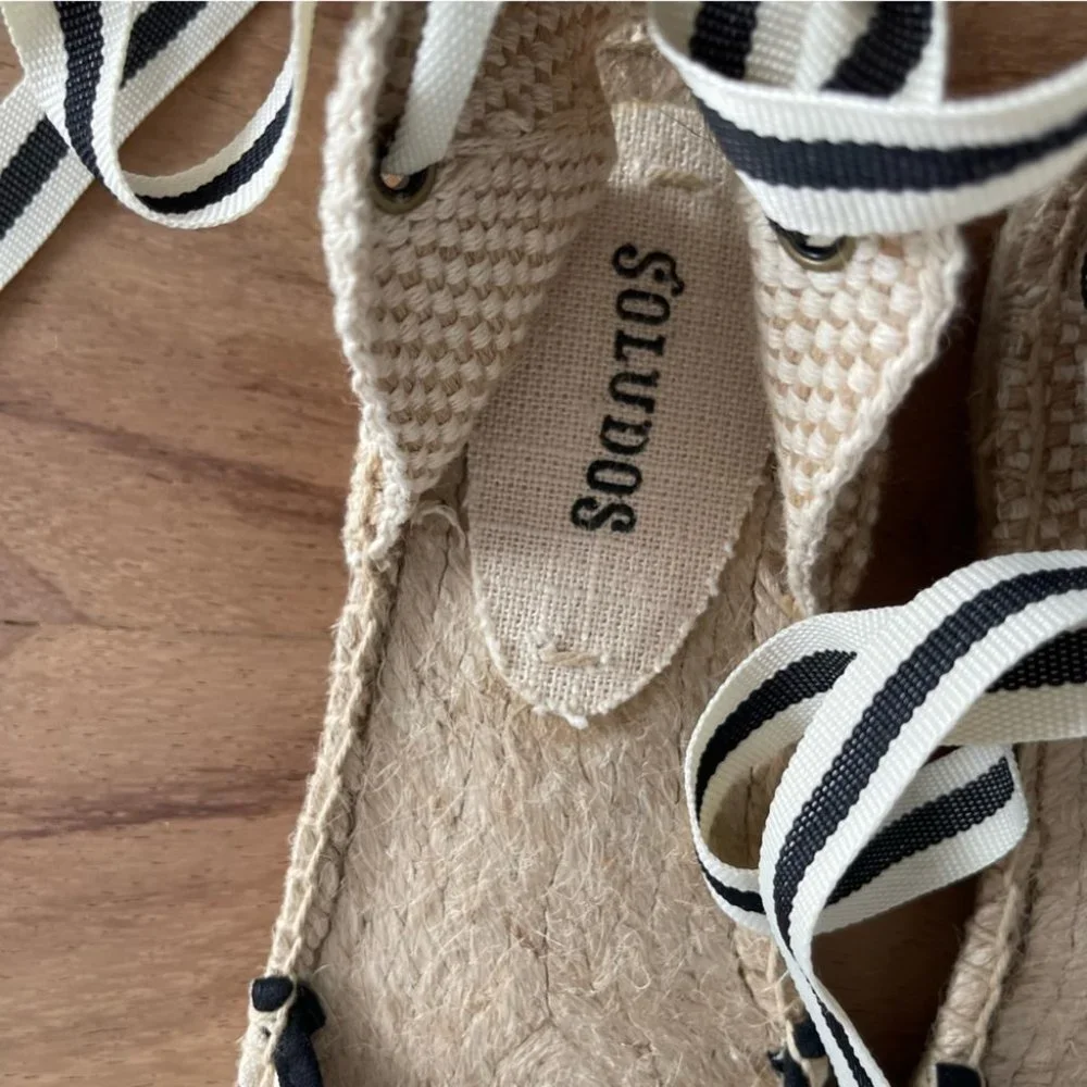 ❌SOLD❌SOLUDOS Lace-up flat espadrille shoes black cream stripe nautical size 7.5 - Picture 8 of 12
